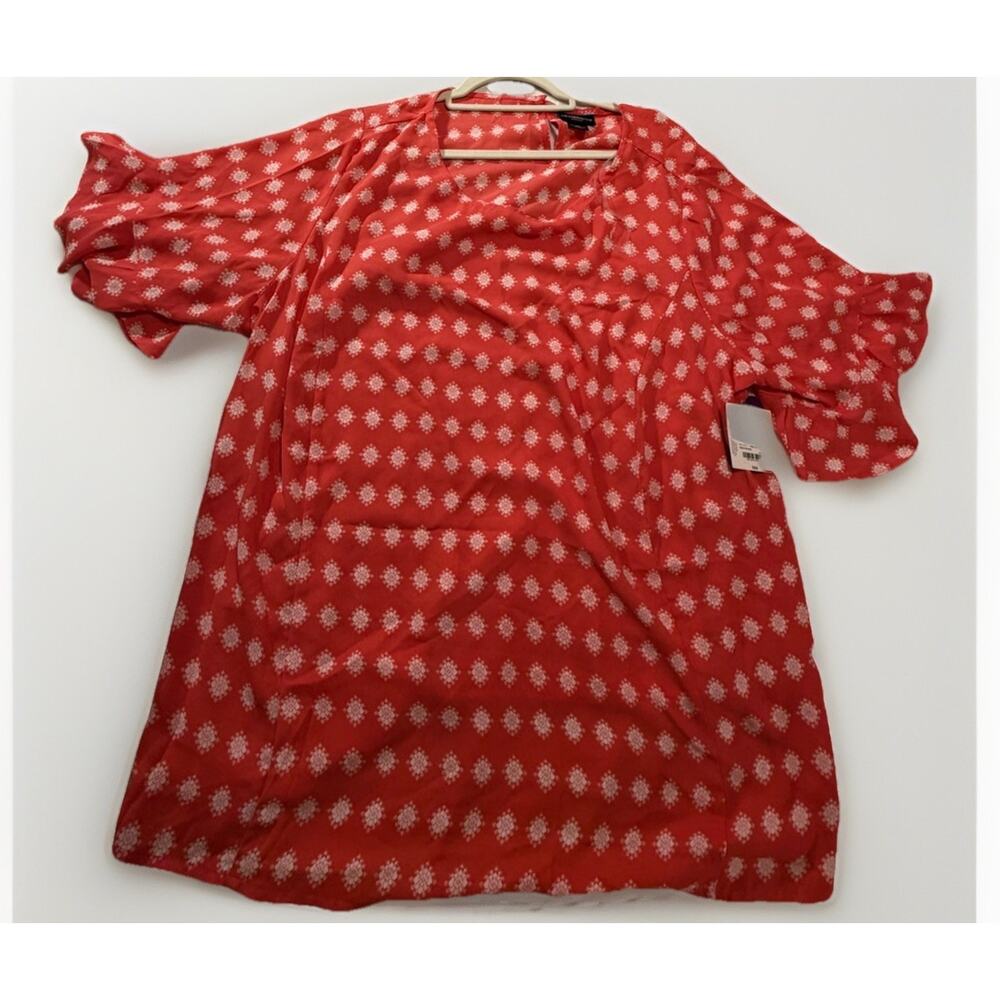 Liz Claiborne Red White Floral Ruffle Sleeve Blouse 2X Plus 100% Polyester NWT